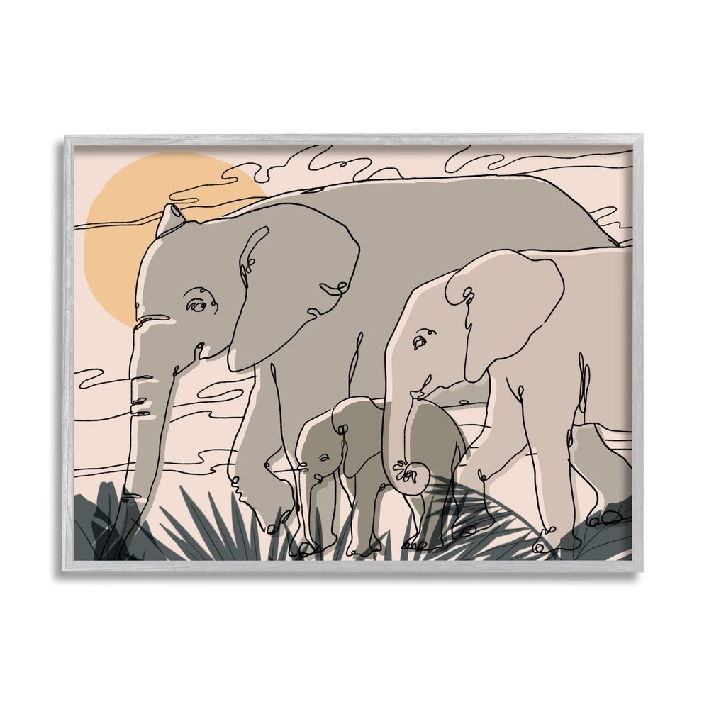 Stupell Industries Elephant Family March Safari Sun Sky Abstract Linework