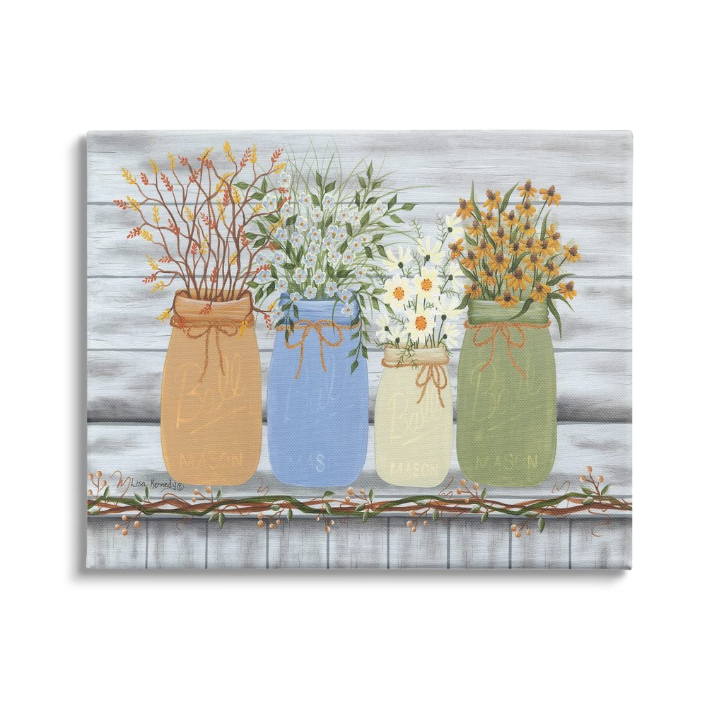 Stupell Industries Autumn Wildflower Bouquets Traditional Farm Jars Country Florals
