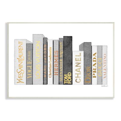 Stupell Industries Horizontal Fashion Book Stack Glam Grey Gold White