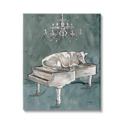 Stupell Industries Cow Resting on Piano Fancy Chandelier Green Gray