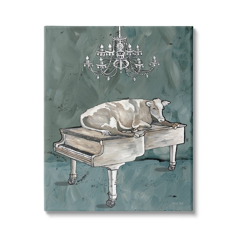 Stupell Industries Cow Resting on Piano Fancy Chandelier Green Gray