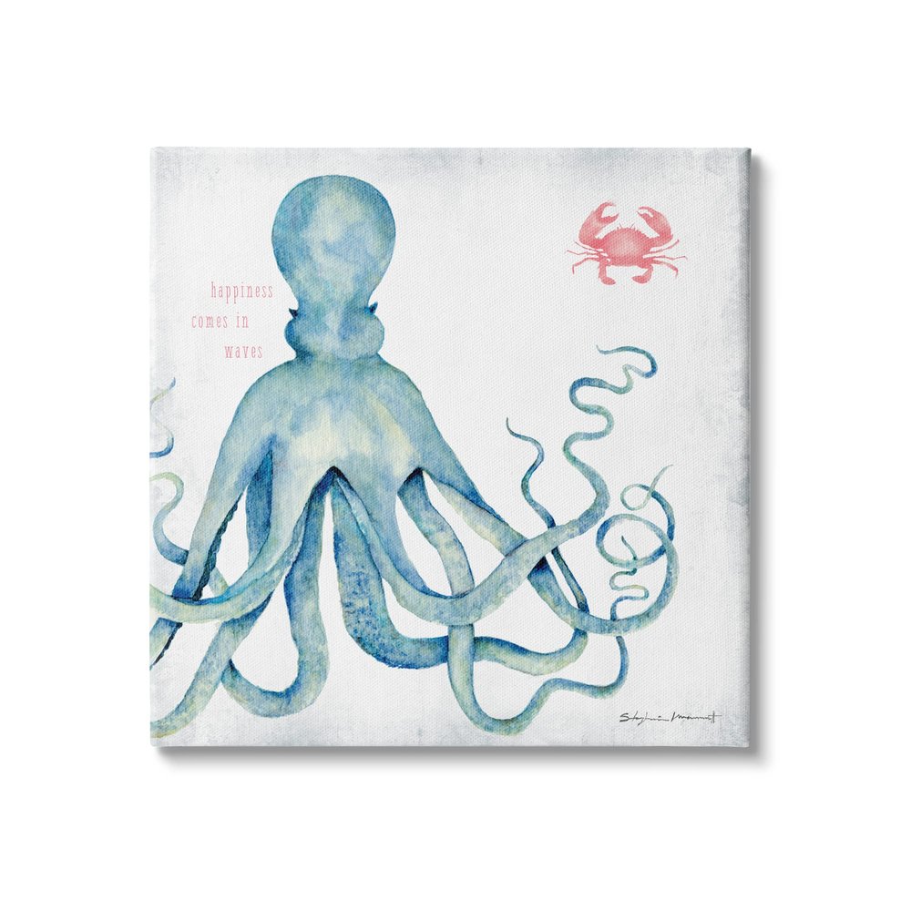 Stupell Industries Happiness Comes in Waves Blue Octopus Red Crab