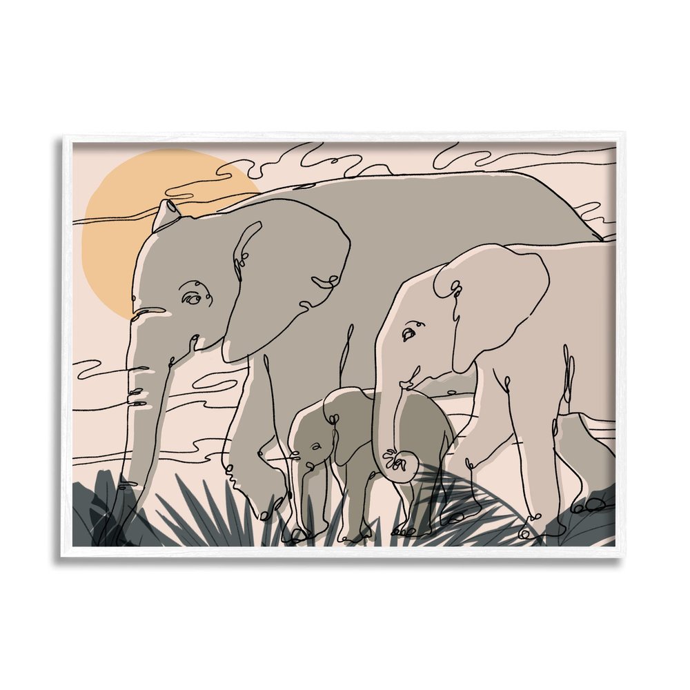 Stupell Industries Elephant Family March Safari Sun Sky Abstract Linework