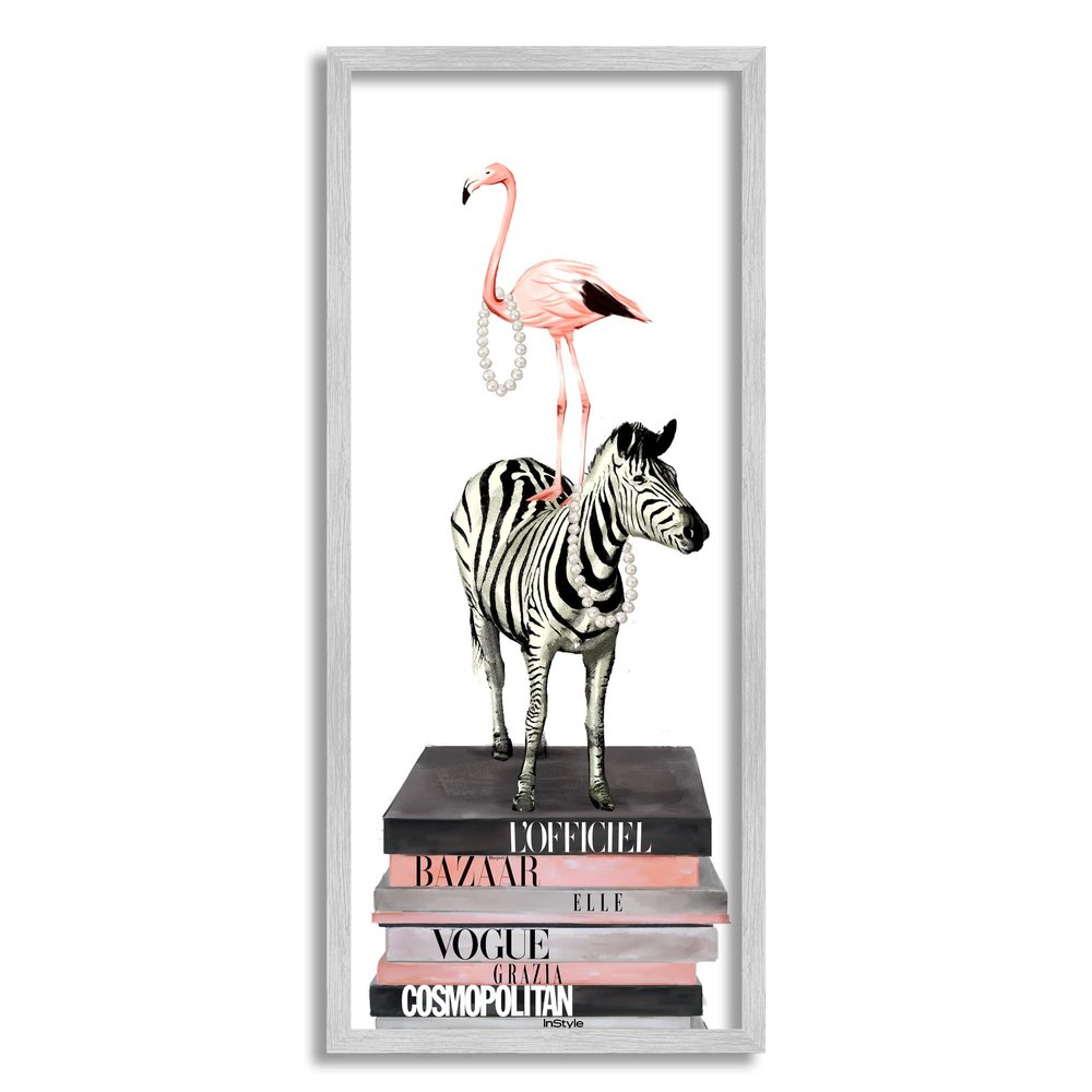Stupell Industries Fashion Flamingo Zebra Glam Book Stack Pearls