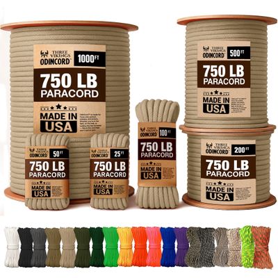 Three Vikings Paracord Rope - Made in USA - 750lb - 100% Nylon - Type IV - 11 Strand Core - Stronger Then Paracord 550 Cord - Tan - 1000 Ft.