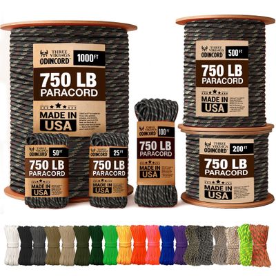 Three Vikings Paracord Rope - 750lb - 100% Nylon - Made in USA - Type IV - 11 Strand Core - Stronger Then Paracord 550 Cord - Camouflage - Camo - 500 Ft.