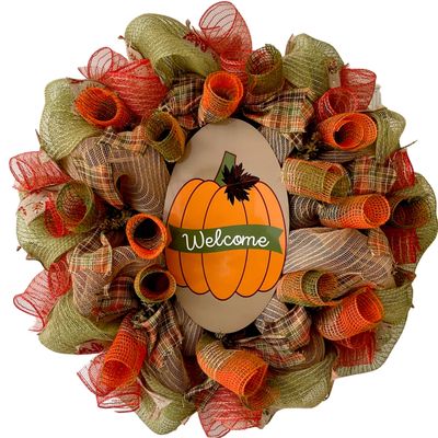 Country Burlap Harvest Pumpkin Autumn Deco Mesh Wreath. Available in 24 inch and 28 inch diameters