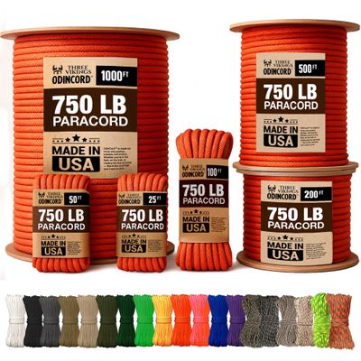 Three Vikings Paracord Rope - Made in USA - 750lb - 100% Nylon - Type IV - 11 Strand Core - Stronger Then Paracord 550 Cord - Neon Orange - 1000 Ft.