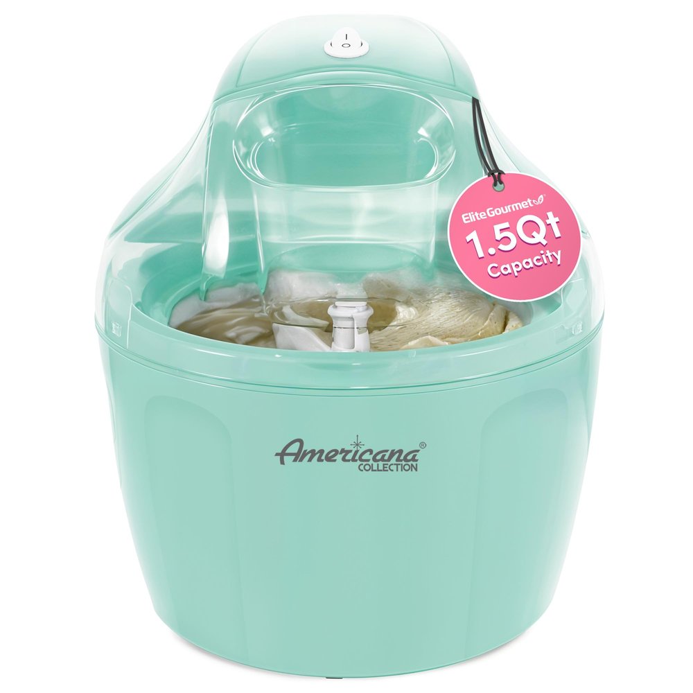 Americana EIM-1400M 1.5 Qt Freezer Bowl Automatic Easy Homemade Electric Ice Cream Maker, Ingredient Chute, On/Off Switch, No Salt Needed, Creamy Ice Cream, Gelato, Frozen Yogurt, Sorbet, Recipe Book