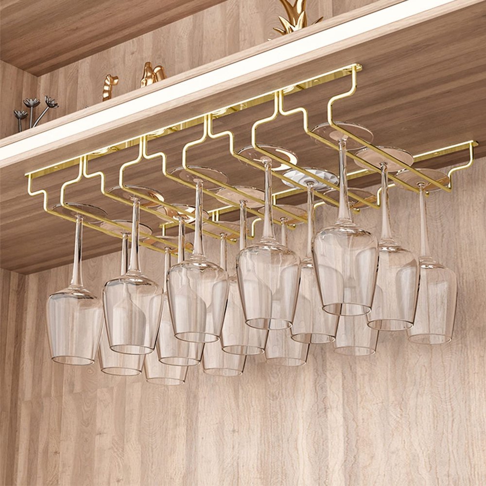 DTDMY Wine Glass Rack, Under Cabinet Stemware Wine Glass Holder, Bar for Kitchen Restaurant, Metal Organizer Glasses Storage Hanger, Gold (Size : 57x18x5.5cm)