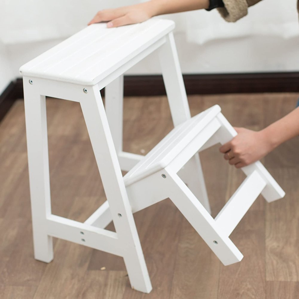 Wooden Step Stool Folding Ladder Chair, 2 Step Small Foot Stools Shoe Bench/Flower Rack Kitchen Step Safety Non-Slip Stepladder Tread for Household Office Garde