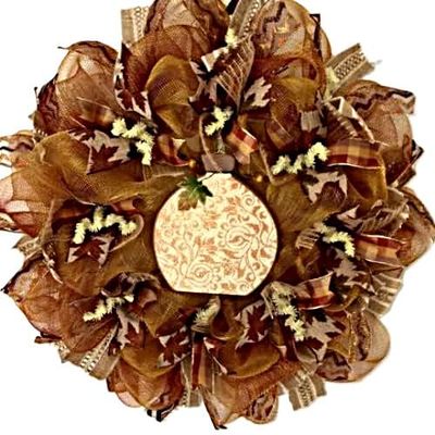 Elegant Pumpkin with Glittering Copper Designs Handmade Deco Mesh Harvest Wreath. Available in 24 inch and 28 inch diameters