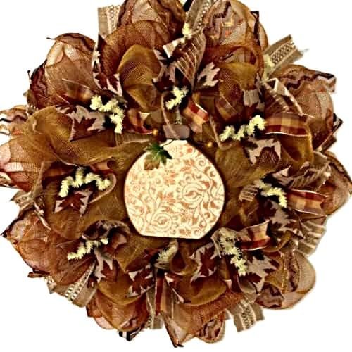 Elegant Pumpkin with Glittering Copper Designs Handmade Deco Mesh Harvest Wreath. Available in 24 inch and 28 inch diameters