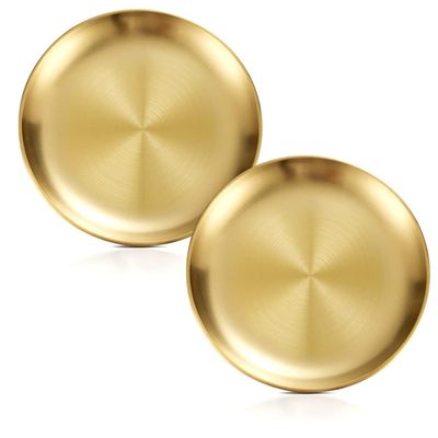 Betinyar 2 Pieces 6.7 Inch Stainless Steel Plates, Stainless Steel Round Metal Plates, Metal Dinner Dishes for Dinner, Camping, Outdoor(17cm,Gold)