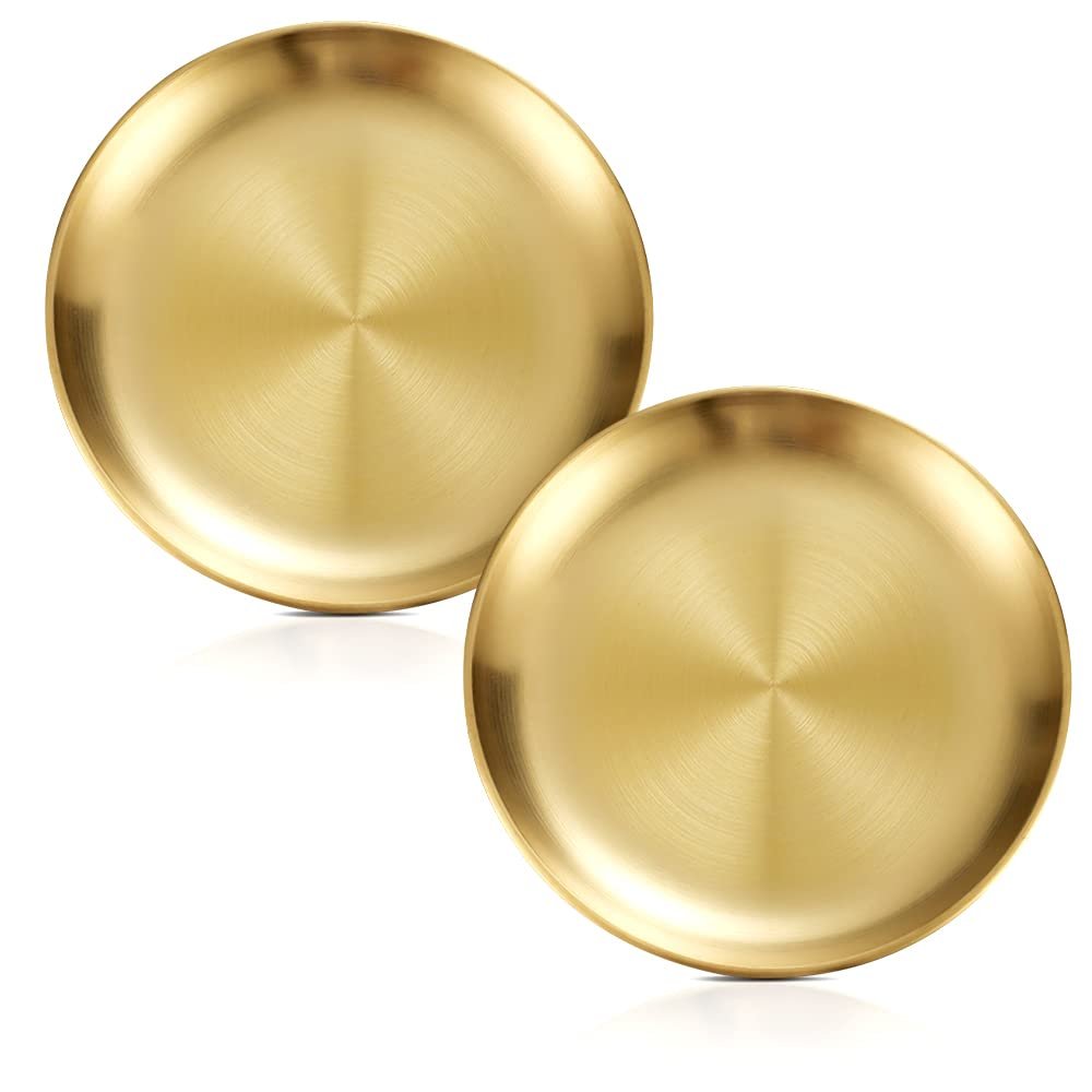 Betinyar 2 Pieces 6.7 Inch Stainless Steel Plates, Stainless Steel Round Metal Plates, Metal Dinner Dishes for Dinner, Camping, Outdoor(17cm,Gold)
