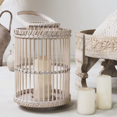 BOOMLATU 15.7" Tall Vintage Decorative Lantern with Handle,Bamboo Woven Lantern for Home Decor (White)