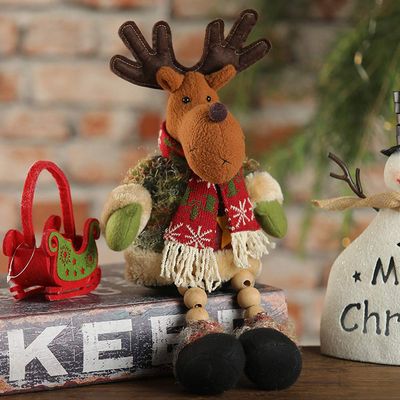 Christmas Sitting Plush Decorations Creative Funny Santa Snowman Reindeer with Wood Bead Legs Cute Soft Handmade Xmas Cartoon Ornaments for Home Holiday Party Christmas Tree Xmas