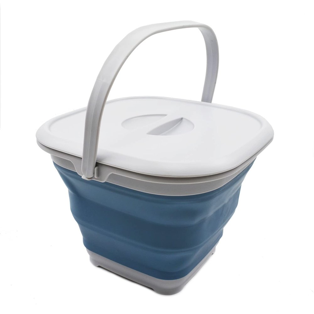 SAMMART 8.5L (2.2 Gallon) Collapsible Square Bucket with Handle and Lid. Size 31x31cm (Grey/Steel Blue, 1)