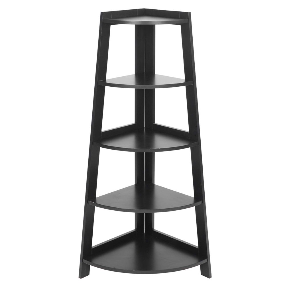 5 Tier Black Corner Shelf Stand, Wood Corner Bookshelf Rack, Indoor Plants Shelves, Organization and Storage Small Shelves for Bedroom, Living Room, Kitchen, Office