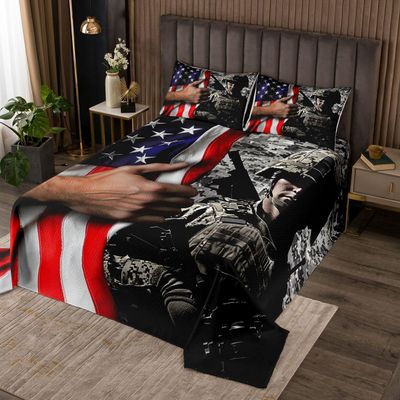 American Flag Bedspread King for Boys Teens Men Retro Army Green Camo Usa Flag Quilted Coverlet Military Camouflage Soldier Bedding Sets for Kids Adult Youth Bedroom Decor, with 2 Pillowcases