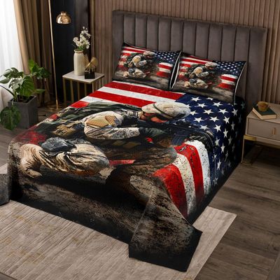 American Flag Bedspread for Adult Teens Boys Camo Soldier Quilted Coverlet Kids Men Vintage Usa National Flag Bedding Sets Military Camouflage Beddings for Youth Grunge Stripes Coverlet Set, King