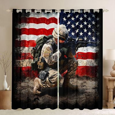 American Flag Curtains for Adult Teens Boys Camo Soldier Window Curtains Kids Men Vintage Usa National Flag Window Treatments Military Camouflage Grunge Stripes Window Drapes,2 Panels 42"X84"