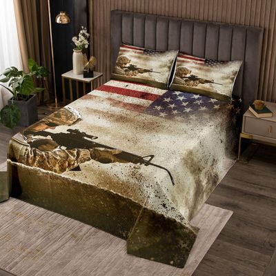 American Flag Bedspread Military Camouflage Soldier Bedding Sets Adult Boys Vintage Camo Usa Flag Quilted Coverlet Grunge Soil Red Grey Stars Stripes Bedding Collections, with 1 Pillowcase, Twin