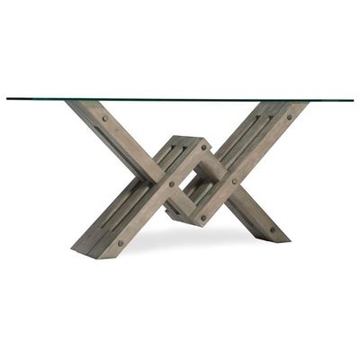 BOWERY HILL Mid-Century Glass Top Accent Console in Greige Sand-Blasted Finish