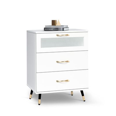 3 Drawer White Nightstand White and Gold End Table Kids Bedroom Dresser Accent Bedside Cabinet Modern Night Stand Perfect for Bedroom, Living Room, Accessories White