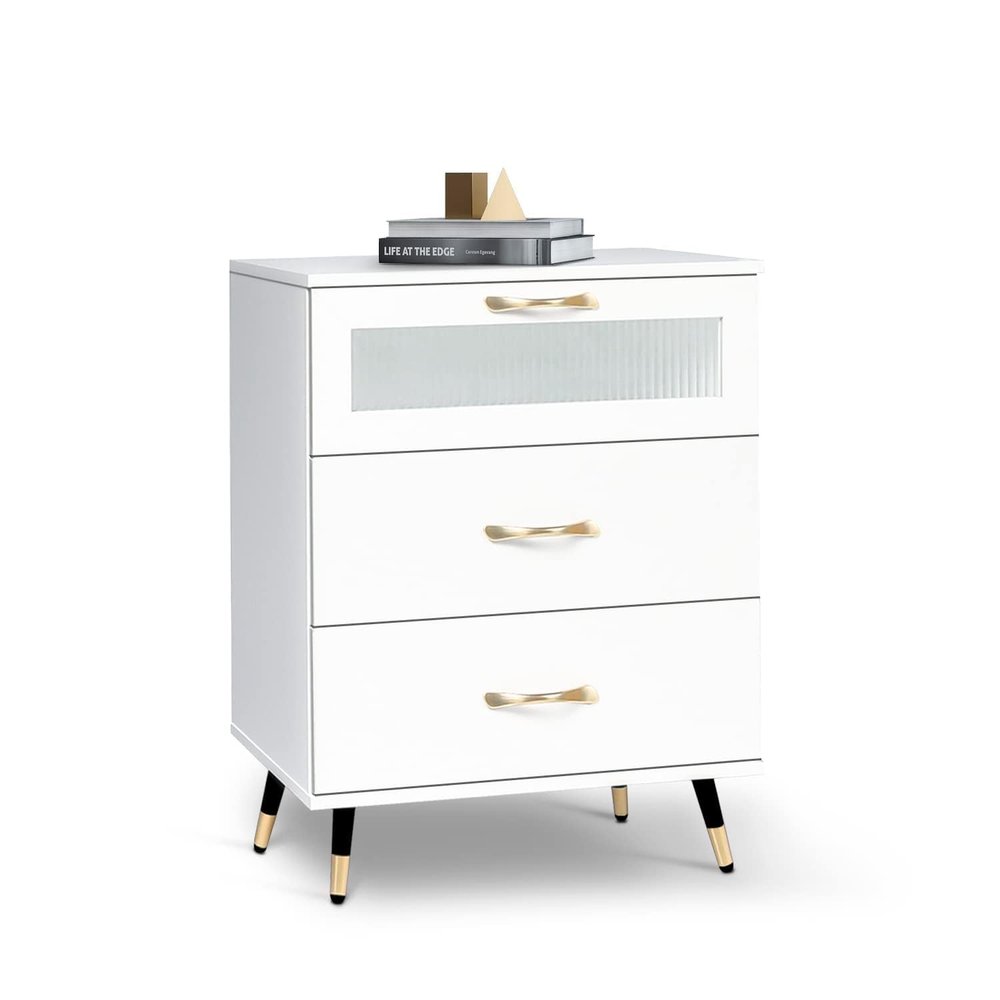 3 Drawer White Nightstand White and Gold End Table Kids Bedroom Dresser Accent Bedside Cabinet Modern Night Stand Perfect for Bedroom, Living Room, Accessories White