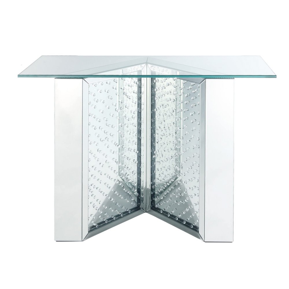Benjara Console Table with Mirrored V Shaped Base, Silver