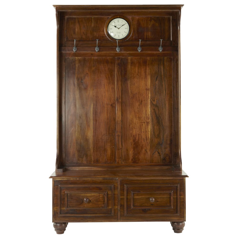 Deco 79 Wood Coat Rack with Clock and Hooks, 46" x 19" x 78", Brown