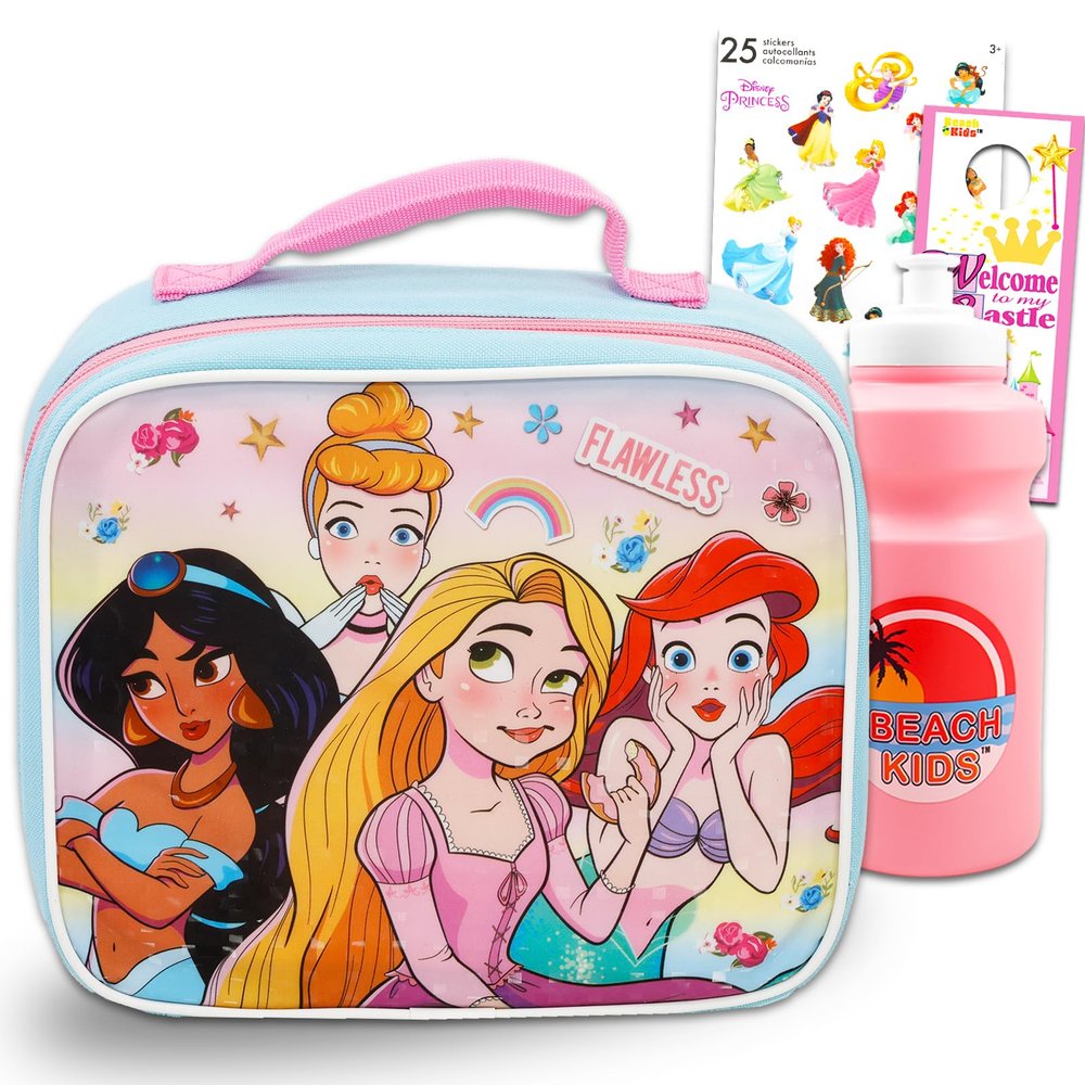 Disney Princess Lunch Bag Set For Girls, Kids - Bundle with Princess School Lunch Box With Pink Water Bottle, Princess Stickers And More Princess School Supplies