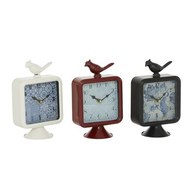 Deco 79 Metal Bird Decorative Clock Mantel Clock, set of 3 Tabletop Clock 6" x 3" x 9", Multi Colored