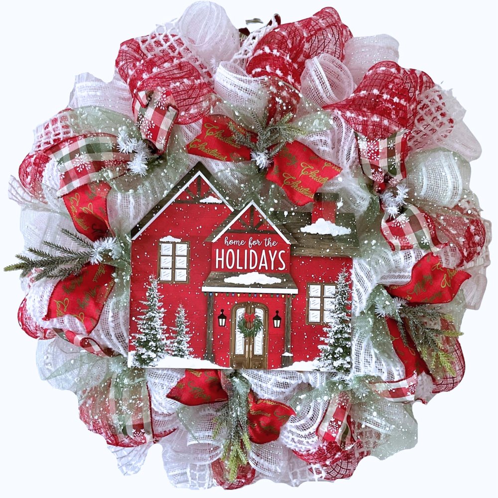 Christmas Wreath Home for The Holidays House Handmade Deco Mesh Available in 24 inch Diameter and 28 inch Diameter