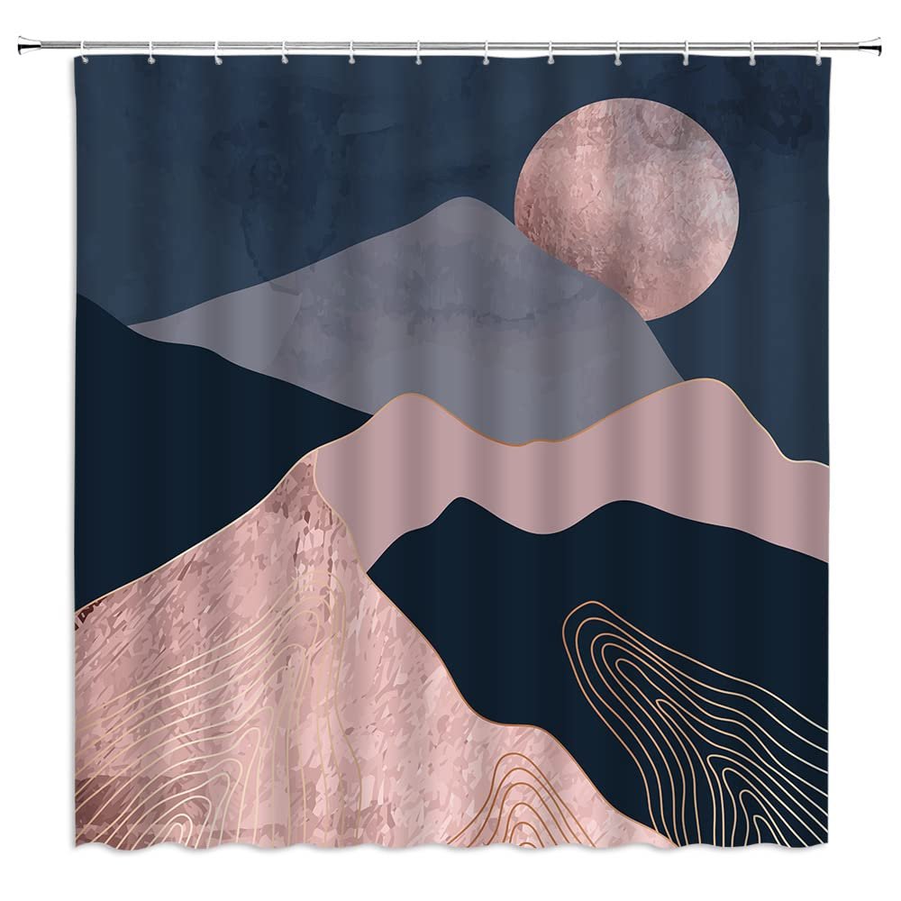 Abstract Mountain Shower Curtain Mid Century Sunset Sunrise Landscape Asian Style Nature Scenery Colorful Art Painting Pink Gray Black Fabric Home Bathroom Decor Set with Hooks67" Wx70 H