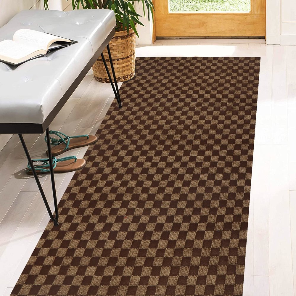 2' x 28' Runner Rugs with Rubber Backing, Indoor Outdoor Utility Carpet Runner Rugs, Checkered Brown, Can Be Used as Aisle for The RV and Boat, Laundry Room and Balcony