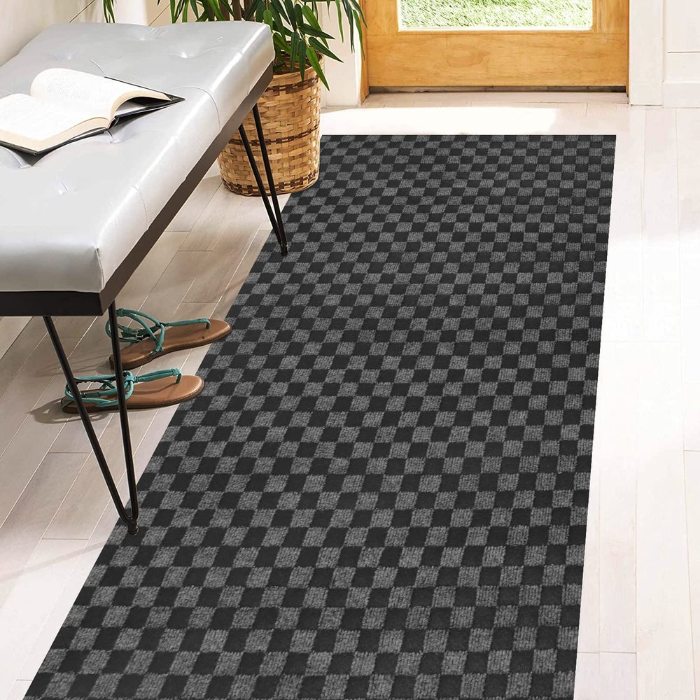 2' x 26' Runner Rugs with Rubber Backing, Indoor Outdoor Utility Carpet Runner Rugs, Checkered Gray, Can Be Used as Aisle for The RV and Boat, Laundry Room and Balcony