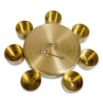 PSQURMART Spice Jar Container Brass Masala Box Spice Box Masala Dani Box Set With 7 Brass Containers and 1 Brass Spoon, Masala Spice Container Golden Spice Container with Embossed Lid (Design-3)