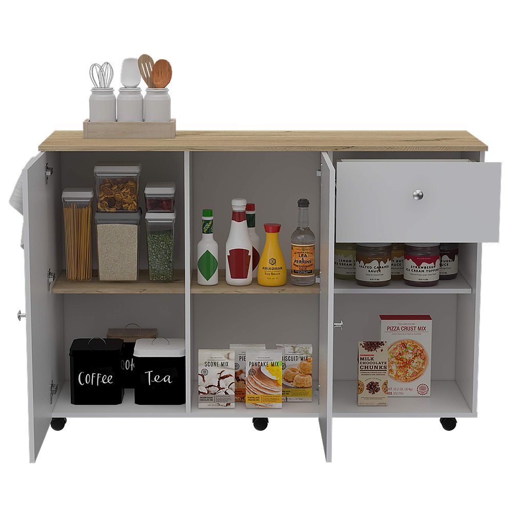 FM FURNITURE Chico Kitchen Island with 2 Cabinets, 2 Open Shelves, and Drawer, White/Pine