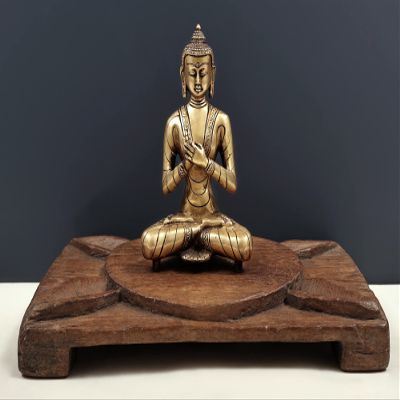 Exotic India Buddha Seated on Wooden Lotus Chowki (Pedestal) | Brass Buddha with Wooden Pedestal | Handmade | Ma
