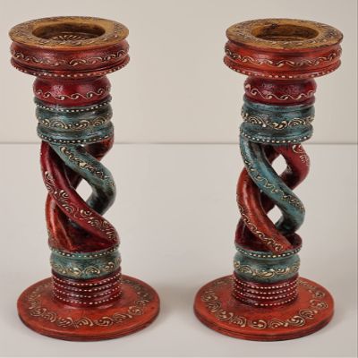 12" Decorative Colorful Candle Stand (Pair) | Decorative Candle Stand | Handmade Art | Made in India - Color Red