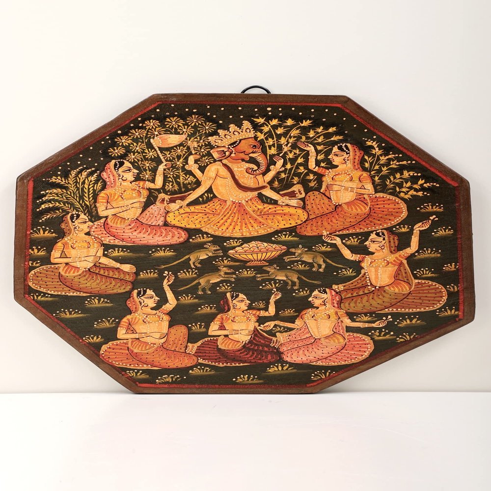 Exotic India 9" Ganesha Handpainted Painting on Octangel Shape Wooden Base | Ganesha Painting | Handmade | Made I