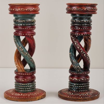 12" Decorative Colorful Candle Stand (Pair) | Decorative Candle Stand | Handmade Art | Made in India - Color Green