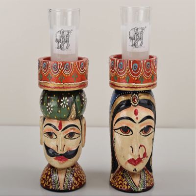 4" Wooden Rajsthani Men Women Face Candle Stand with Candle | Decorative Wooden Candle Stand | Handm