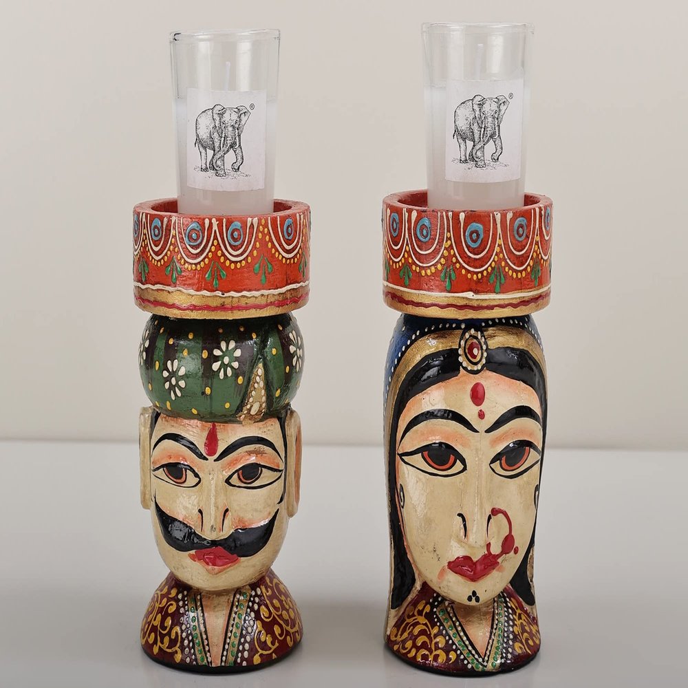 4" Wooden Rajsthani Men Women Face Candle Stand with Candle | Decorative Wooden Candle Stand | Handm