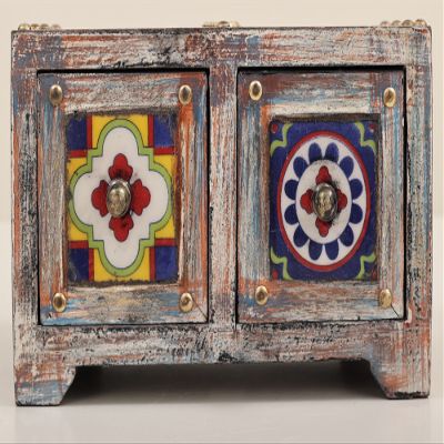 10" Wooden Chest Box With 2 Ceramic Drawers | Wooden Planters | Handmade | Made In India - MANGO WOO