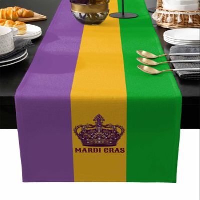 AMZRicher Mardi Gras Flag Burlap-Cotton Table Runner 120 Inches Long, Crown Purple Orange Green Durable Farmhouse Table Runners Outdoor Dining Tablecloths Decor for Baby Shower/Party/Wedding