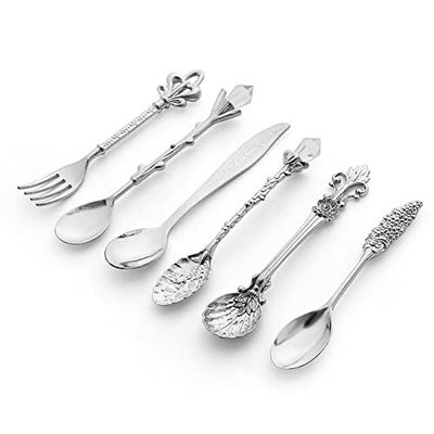6pcs Vintage Spoons Fork Mini Royal Style Metal Gold Carved Coffee Snacks Fruit Prikkers Dessert Fork Kitchen Tool Teaspoon 1set (Silver)