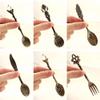 6pcs Vintage Spoons Fork Mini Royal Style Metal Gold Carved Coffee Snacks Fruit Prikkers Dessert Fork Kitchen Tool Teaspoon 1set (Silver) view 4